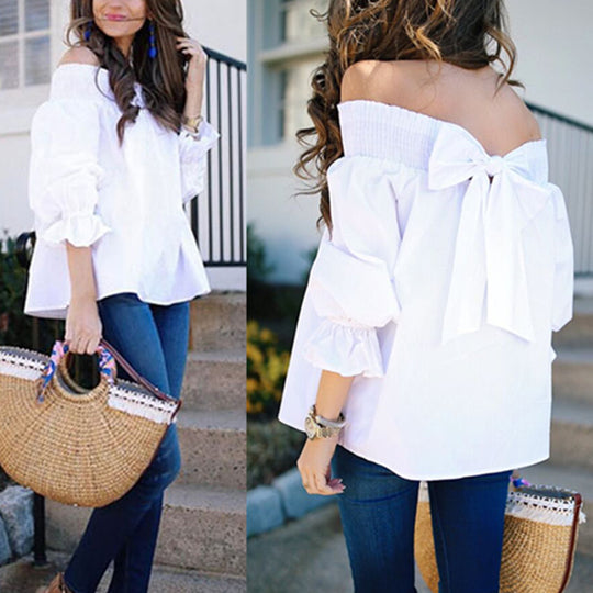 Damen Off-Shoulder Bluse mit Puffärmeln und Schleifendetail EB