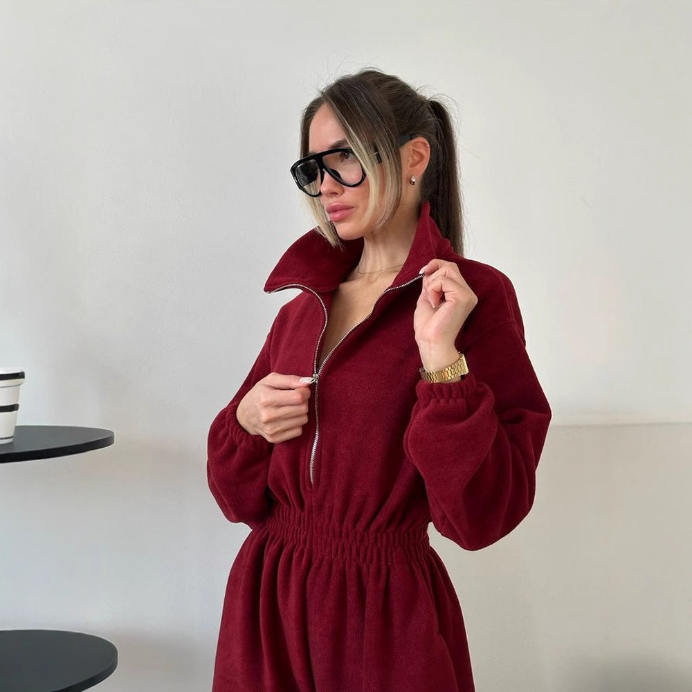 Damen kuscheliger Plüsch-Jumpsuit mit halbem Reißverschluss und elastischer Taille EB