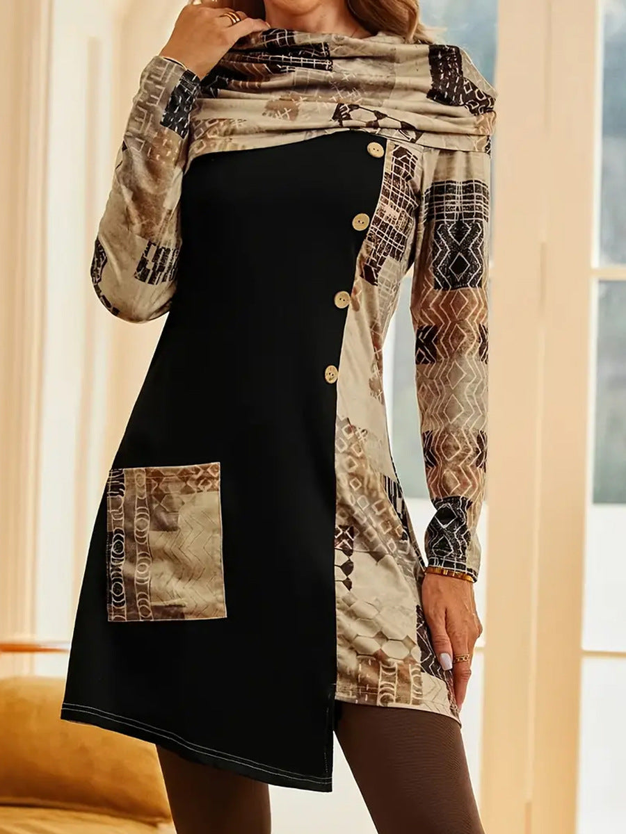 Damen modisches Tunika-Kleid mit kunstvollem Patchwork-Design und Knopfdetails EB