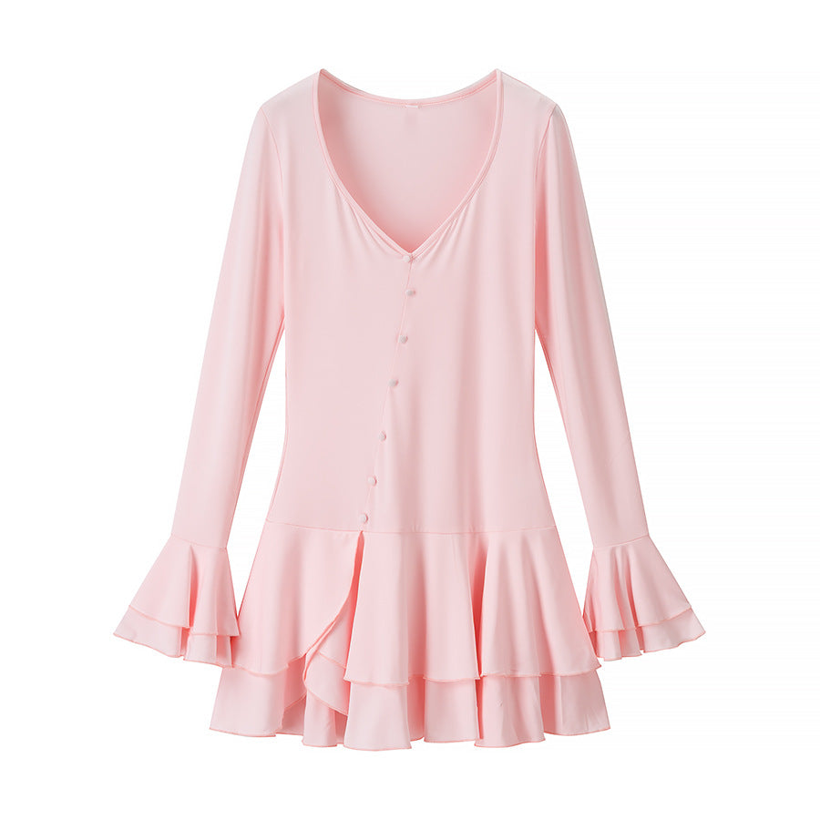 Damen Blusenkleid mit voluminösem Rüschensaum und eleganter Knopfdetailierung EB