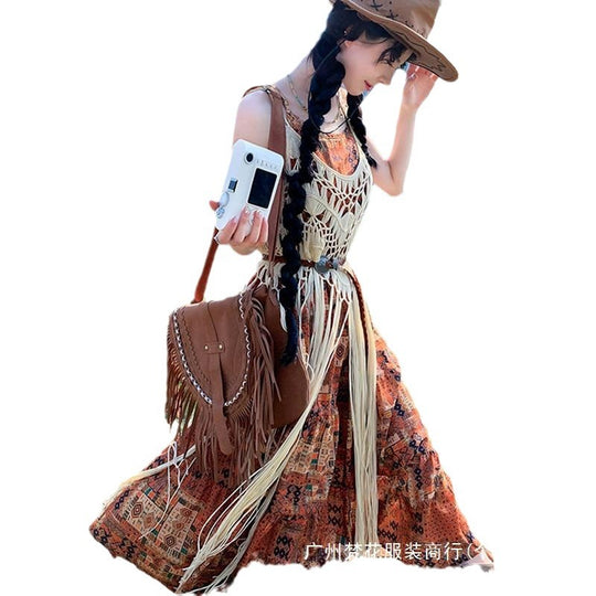 Damen Boho Chic Maxi-Kleid mit Fransen und gehäkeltem Oberteil EB