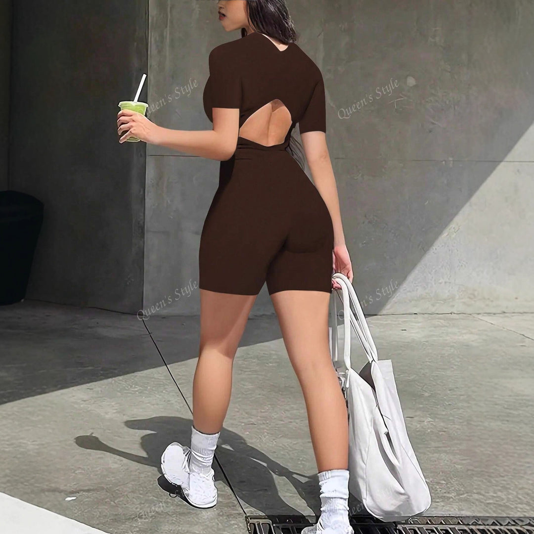 Damen Bodycon Jumpsuit mit kurzem Arm und Reißverschluss EB