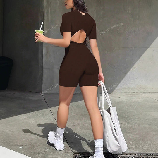 Damen Bodycon Jumpsuit mit kurzem Arm und Reißverschluss EB