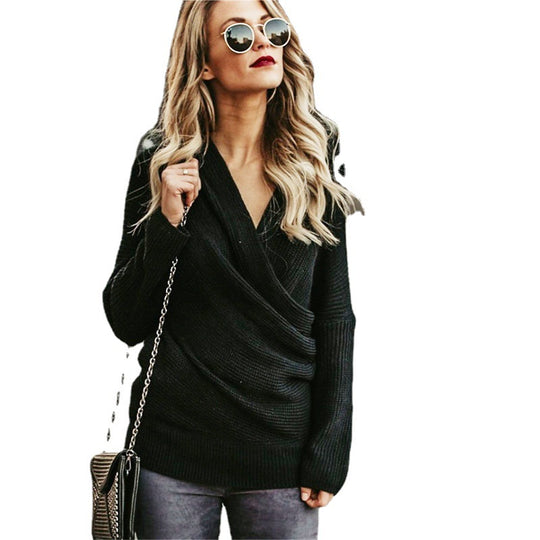 Damen Wickelpullover mit Off-Shoulder Design und lockerem Schnitt EB