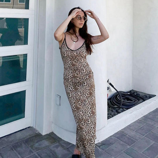Damen elegantes Maxikleid mit tierischem Muster und schmalen Trägern EB