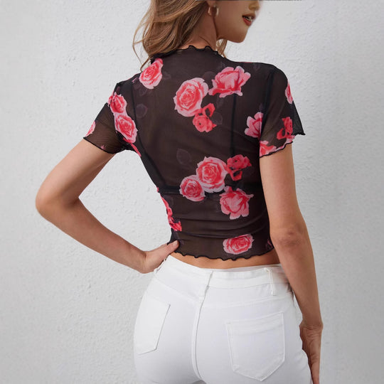 Damen Transparente Bluse mit floralem Muster und fröhlichem Rüschendesign EB