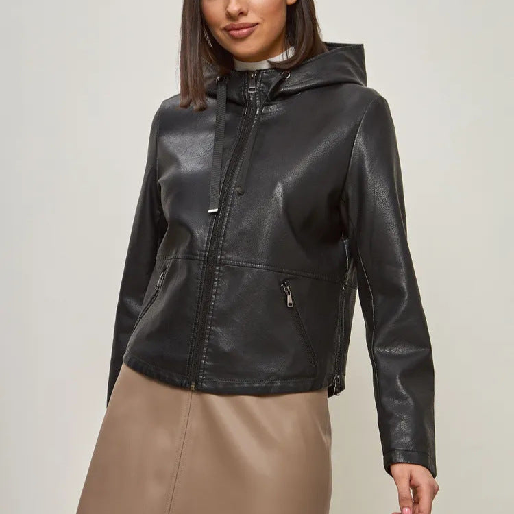 Damen modische Kunstlederjacke mit Kapuze und Reißverschlusstaschen EB