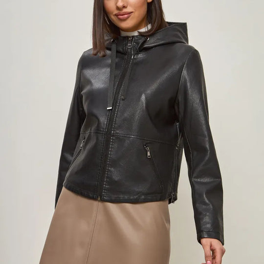 Damen modische Kunstlederjacke mit Kapuze und Reißverschlusstaschen EB