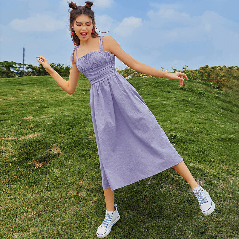 Damen Midi-Kleid mit elastischem Taillenbund und verstellbaren Spaghettiträgern EB