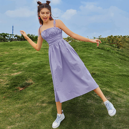 Damen Midi-Kleid mit elastischem Taillenbund und verstellbaren Spaghettiträgern EB