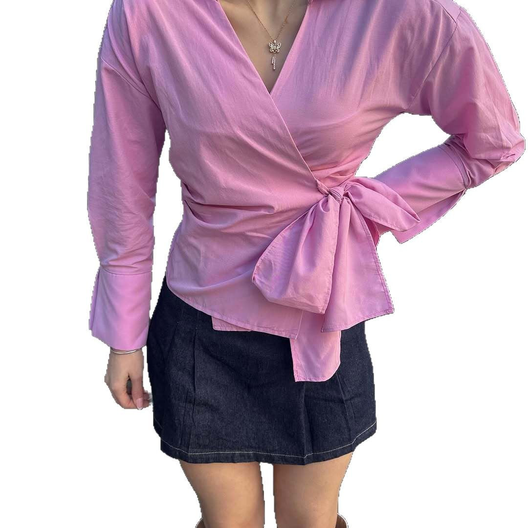 Damen Wickelbluse mit Bindeband und elegantem Kragen EB