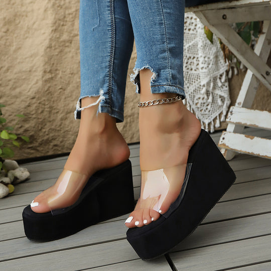Damen Plateau-Sandalen mit transparentem Riemen und Leopardenmuster EB