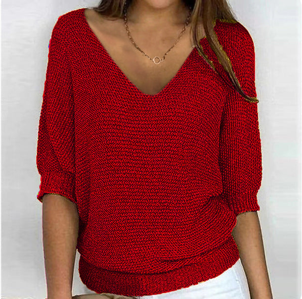 Damen nan lässiger Strickpullover mit V-Ausschnitt und Fledermausärmeln EB