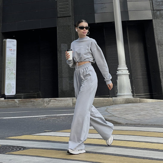 Damen Cropped Loungewear-Set mit gerafftem Tunnelzug und weiter High-Waist-Hose EB