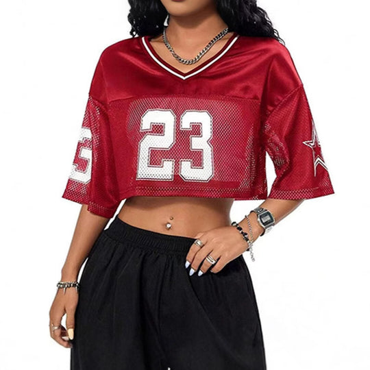 Damen sportliches Crop-Top aus atmungsaktivem Mesh-Material mit Nummer CD-EB