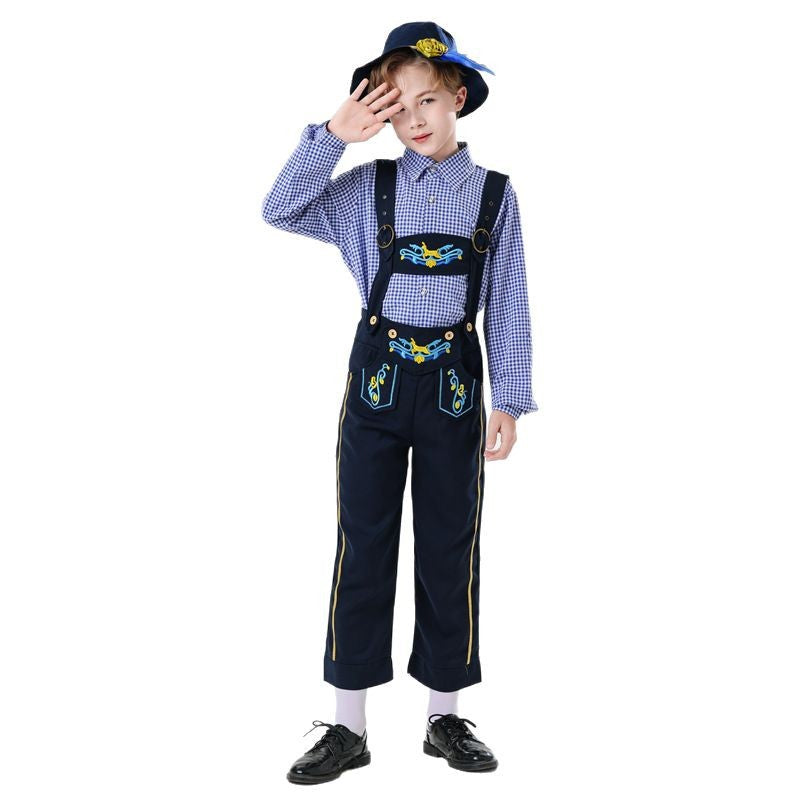 Herren nan bestickte Kindertracht Latzhose mit verstellbaren Hosenträgern und Kontrastnähten EB