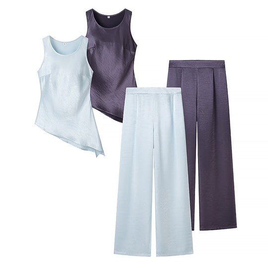 Damen Set bestehend aus elegantem Oberteil mit asymmetrischem Saum und weit geschnittener Hose EB