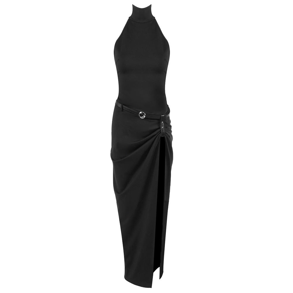 Damen Elegantes Wickelkleid mit hohem Kragen und asymmetrischem Saum EB