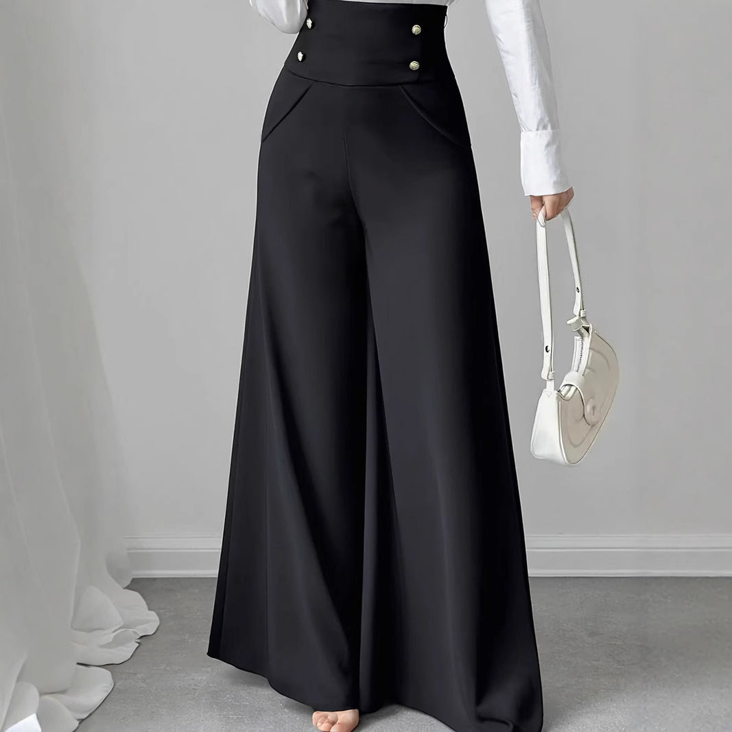 Damen Weite High-Waist Hose mit dekorativen Knöpfen EB