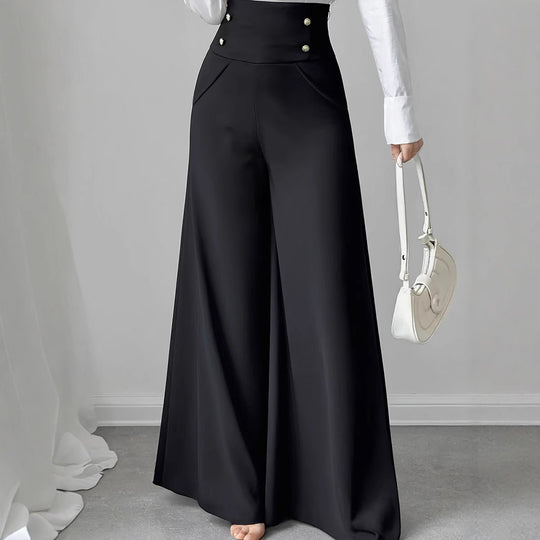 Damen Weite High-Waist Hose mit dekorativen Knöpfen EB