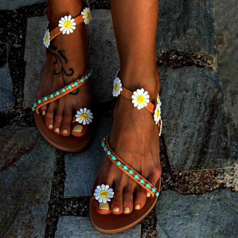 Damen Bunt verzierte Zehentrenner-Sandalen mit floralen Details und bequemer Sohle EB
