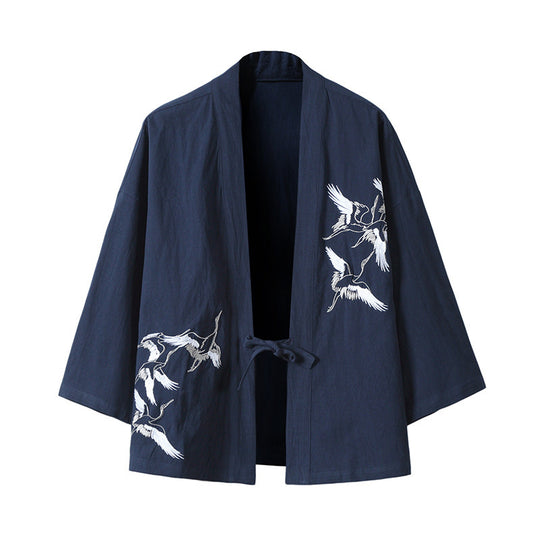 Unisex nan japanisch inspirierte Kimonojacke mit Kranichstickerei und Bindeschließe EB