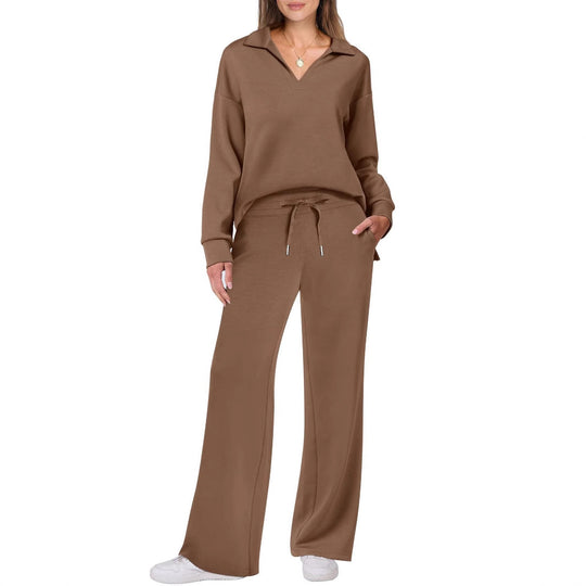 Damen Bequemer Freizeitanzug mit elegantem V-Ausschnitt und lockerem Schnitt EB