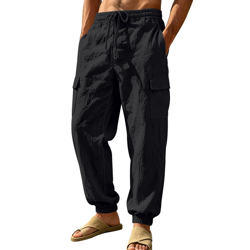 Herren nan leichte Cargo-Joggerhose aus Leinenmischung mit elastischem Tunnelzugbund, aufgesetzten Klappentaschen und gerippten Beinabschlüssen EB