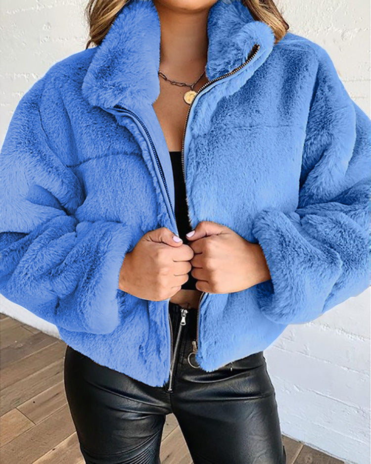 Damen Flauschige Trendjacke mit hohem Kragen EB