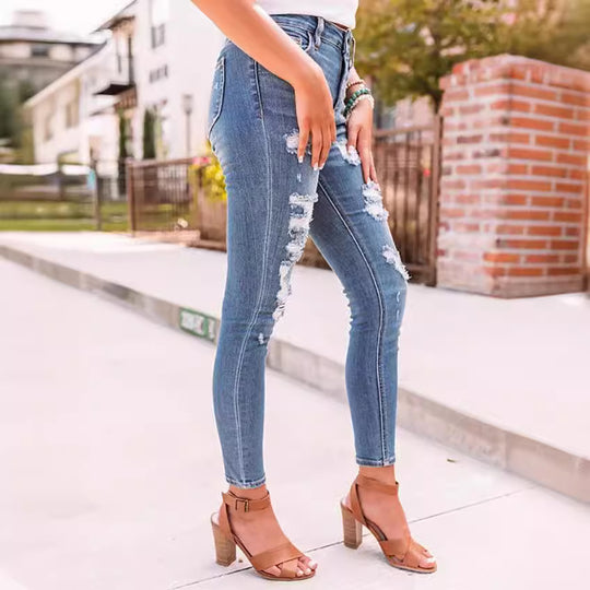 Damen nan hochgeschnittene Ripped-Skinny-Jeans mit Stretch, Five‑Pocket und figurformender Passform EB