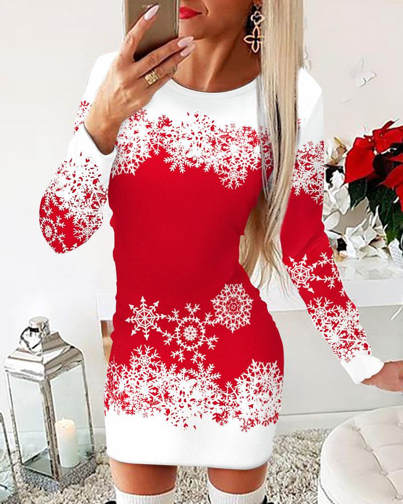 Damen festliches Langarmkleid mit Schneeflockenmotiv EB