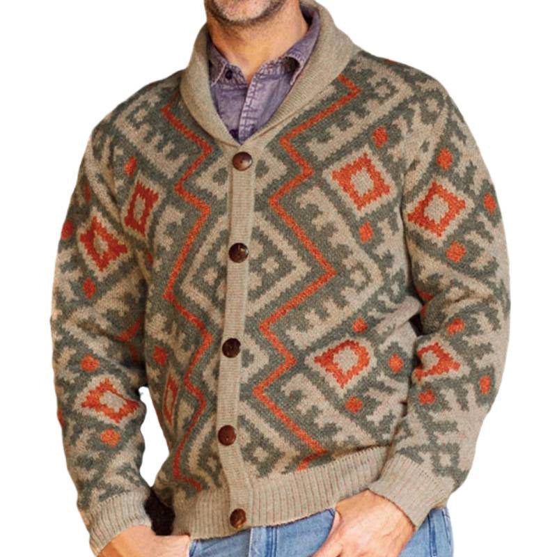 Herren Strickjacke mit geometrischem Muster und gemütlichem Schalkragen EB