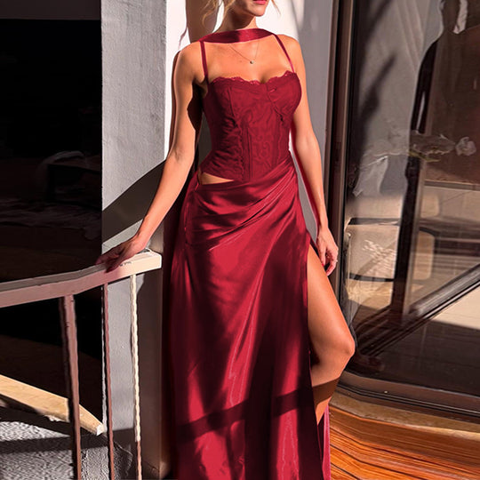 Damen elegantes Maxikleid mit Spitzenoberteil und fließendem Rock EB