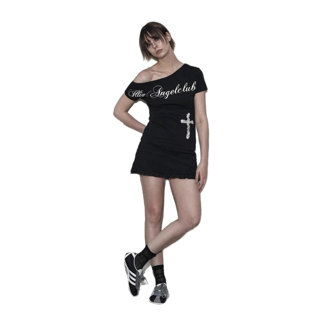 Damen Off-Shoulder T-Shirt mit Kreuzmotiv EB