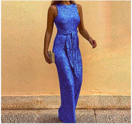Damen Glamouröses Maxikleid mit glänzendem Paillettenbesatz und eleganter Taillenbindung EB
