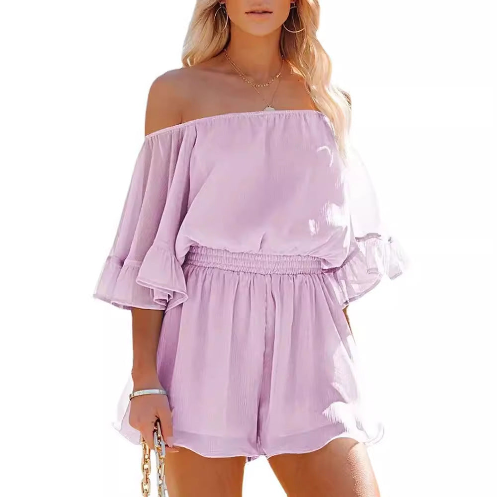 Damen Off-Shoulder Jumpsuit mit voluminösen Rüschensleeves EB