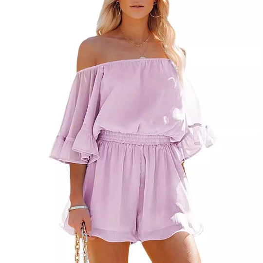 Damen Off-Shoulder Jumpsuit mit voluminösen Rüschensleeves EB