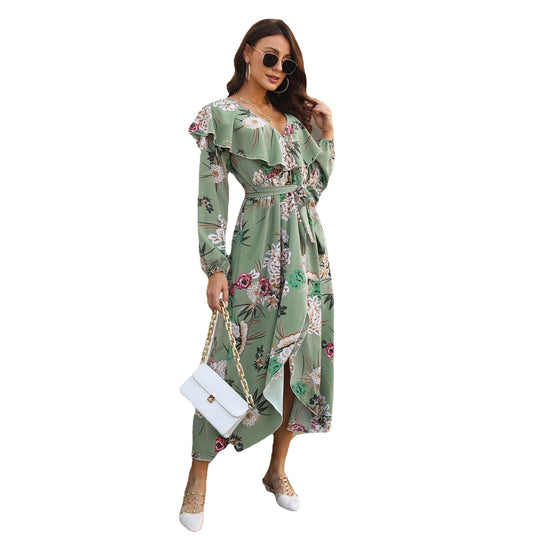 Damen Wickelkleid mit Rüschendetails und floralen Applikationen EB