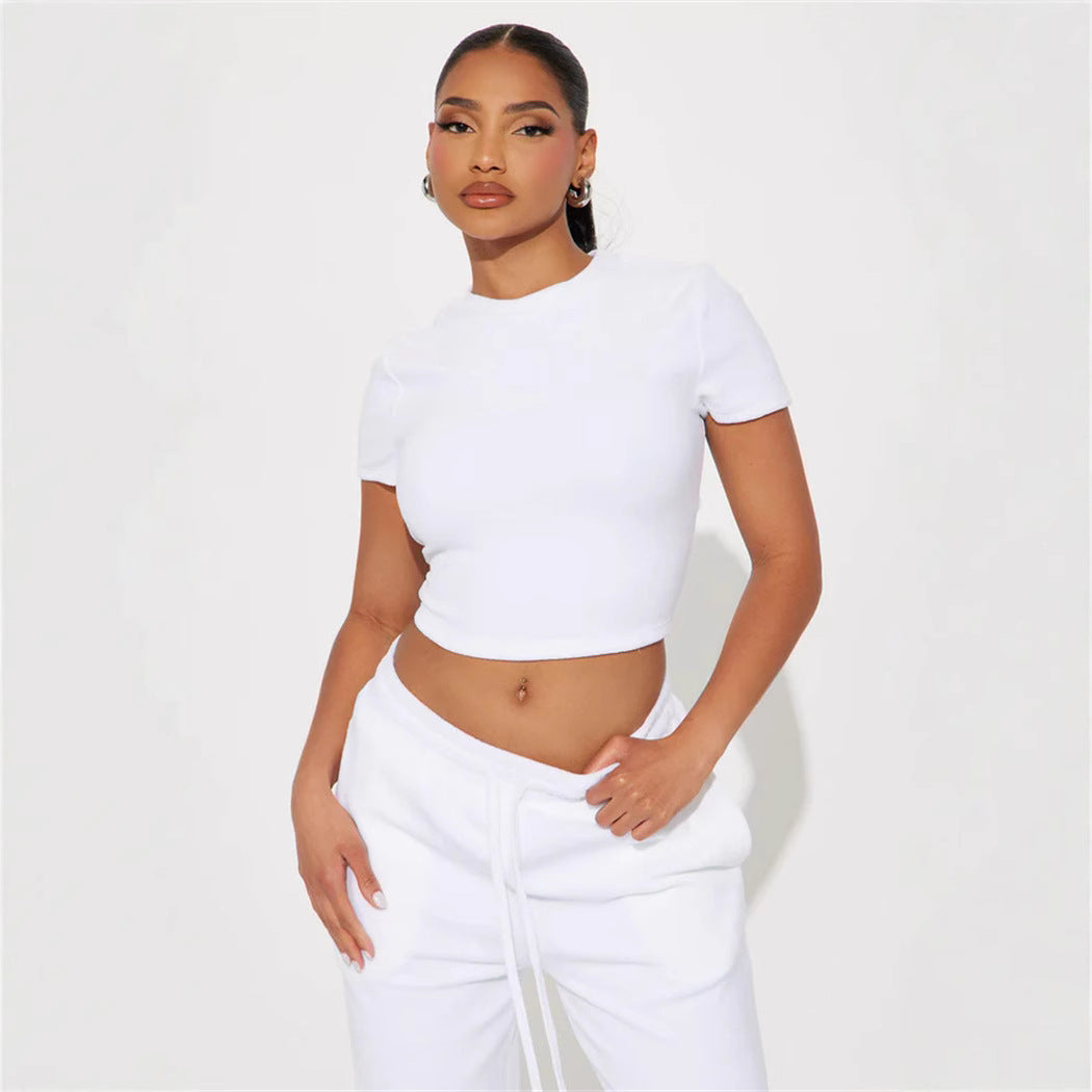 Damen Velours-Hausanzug mit bauchfreiem Shirt und weit geschnittener taillenhoher Jogginghose EB