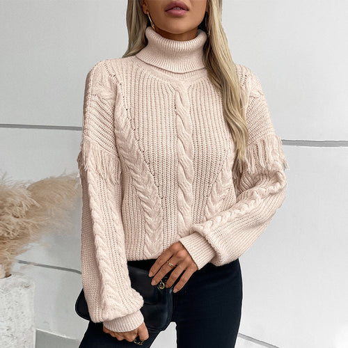 Damen Strickpullover mit hohem Kragen und Zopfmuster EB