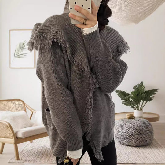 Damen lässiger Strickcardigan mit fransiger Detailverarbeitung EB