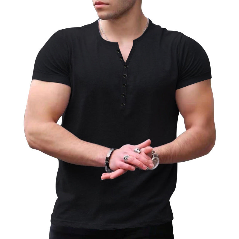Herren Kurzarm-Henley-T-Shirt mit Knopfleiste und weichem Baumwollmaterial EB