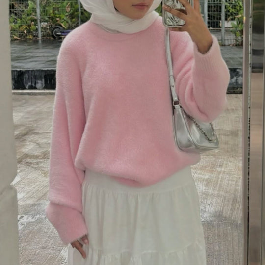 Damen Kurzgeschnitteter Flauschpullover mit Ballonärmeln und Rundhalsausschnitt EB