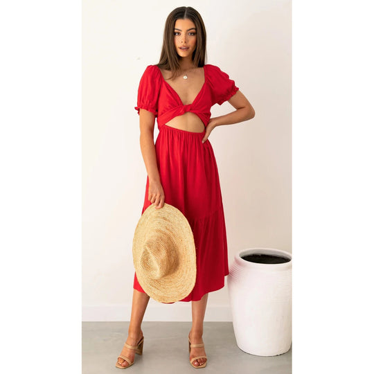 Damen Midi-Kleid mit verspielten Cut-Outs und Bindedetails EB