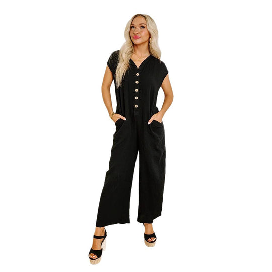 Damen Weitgeschnittener Jumpsuit mit Knopfleiste und Taschen EB