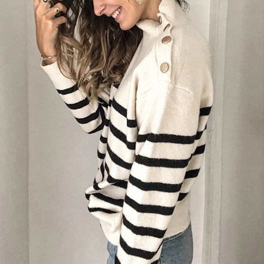 Damen lässiger Pullover mit Knopfdetails und modernen Streifen EB