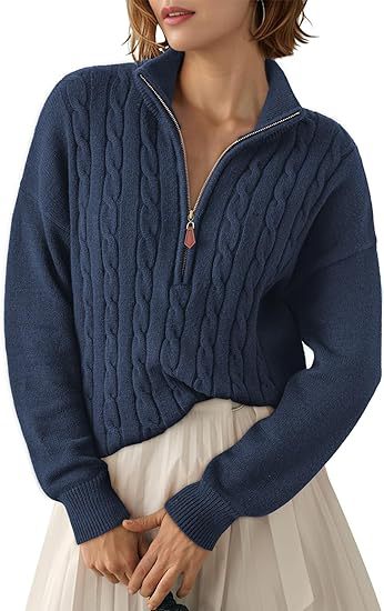 Damen Grobstrick Pullover mit Stehkragen und halbem Reißverschluss EB