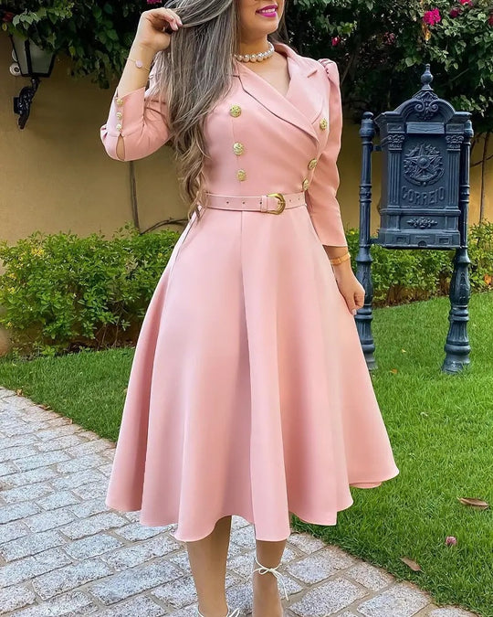 Damen Elegantes und feminines Kleid mit doppelter Knopfleiste und Gürtel EB