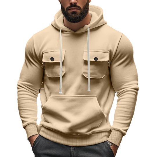 Herren nan sportiver Kapuzenpullover mit aufgesetzten Klappentaschen, Kängurutasche und schmalem Saum EB