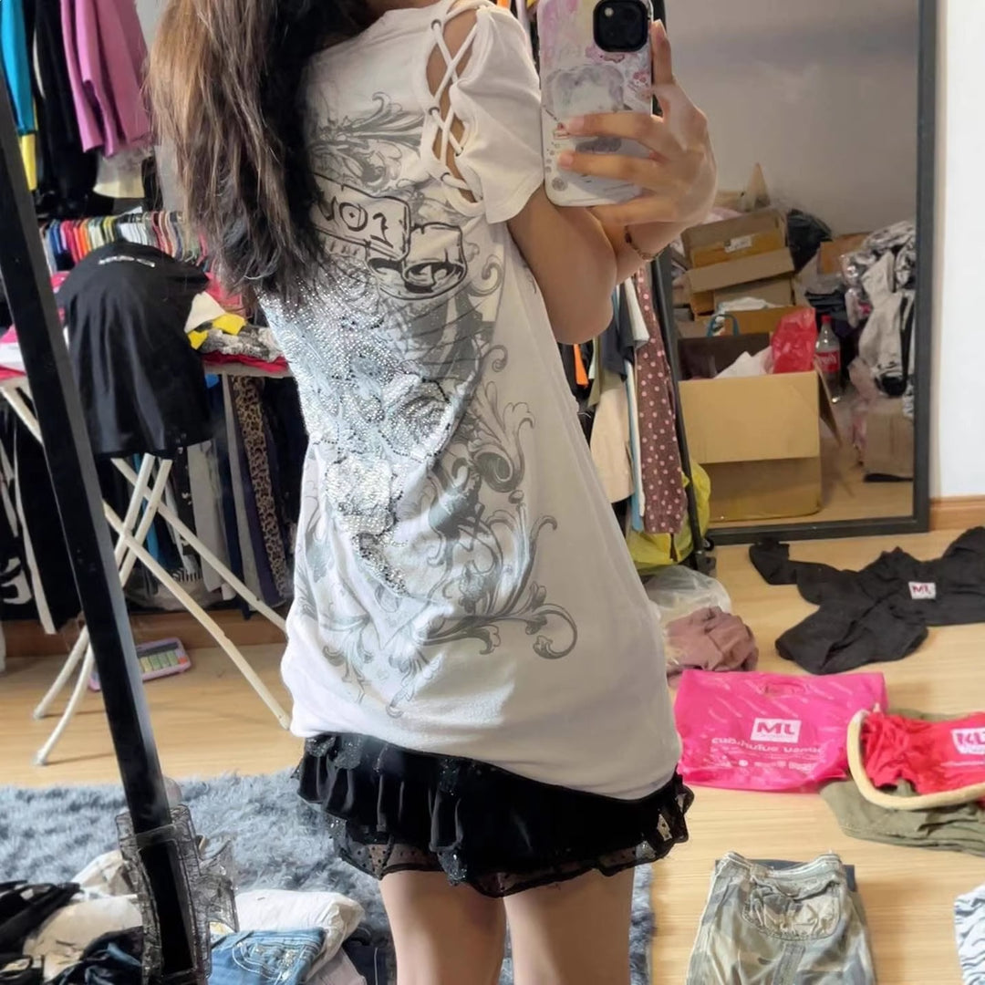 Damen Elegantes T-Shirt mit dekorativen Schnürdetails EB